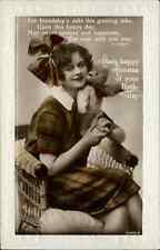 Antique RPPC Birthday Teen Girl with Teddy Bear Tinted RPPC EMB Border picture