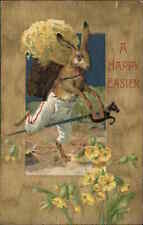 Easter Fantasy Rabbit on Toy Horse Textured Background c1910 Vintage Postcard picture