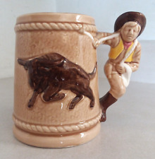 VINTAGE BULL RIDING ROPE COWBOY WESTERN RODEO FIGURE STEIN COFFEE MUG CUP - RARE picture