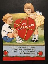 Vtg Valentine Card DieCut Cute Boy Girl Heart w/ Rope “You’re Love is Binding” picture