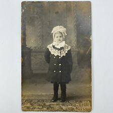 Antique Photo Postcard C1915 Little Victorian Girl In Coat Hat RPPC Lace Bow Fur picture