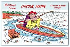 1963 Greetings From Lincoln Maine ME Lincoln Rexall Drugs Man In Boat Postcard picture