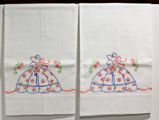 Vintage Pair White Queen Pillowcases Embroidered w/ Victorian Lady picture
