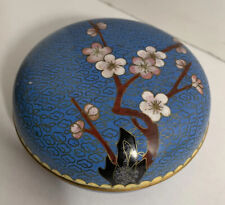 VINTAGE CLOISONNE CHERRY BLOSSOM TREE ASIAN CHINESE COVERED BOX BLUE ENAMEL GOLD picture