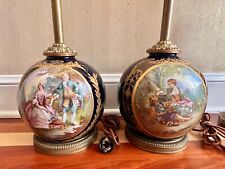 RARE PAIR OF SEVRES STYLE HAND PAINTED COBALT BLUE TABLE LAMPS FRANCE picture