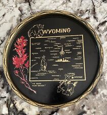 Wyoming Round Metal Souvenir Serving Black Gold Tray Platter USA Vintage 10.75