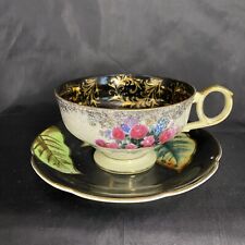 Vintage Sanford Hand Painted Bone China Tea Cup And Saucer Set Black Floral  picture