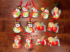 Lot Of 13 VTG Christmas Stuffed Fabric Plush Ornaments Angels And Snowmen picture