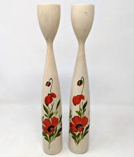 VTG Denmark BR Hand Painted Poppy Teak Wood Candlestick Candle Holders Pair AA23 picture