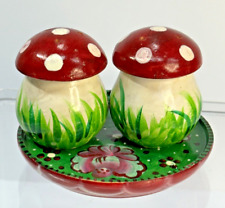 VTG Wooden Hand Painted Mushroom Salt & Pepper shakers w/ Painted Tray picture