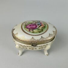 Vintage Porcelain Footed Oval Trinket Box Courting Victorian Gold Accent Japan picture