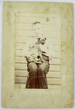 Young Man in Casual Clothes Sitting with Puppy Portrait 6x4 c.1900s Cabinet Card picture
