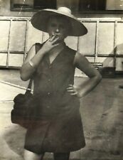 1950 Pretty Attractive Young Woman Smokes Photo Girl In Hat Vintage Snapshot picture