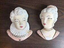 Pair Of Elizabethan Chalkware Ladies 2 Plaster Bust Wall Decor Royal Lady Head picture
