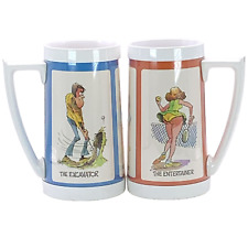Vintage Thermo-Serv Plastic Mugs Sports Humor Funny Golf Tennis SET of 2 USA picture