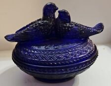 Mosser Glass Vivid BLUE Candy Bowl Covered Dish Nesting Love Birds picture