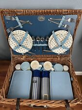 1950s Vintage Brexton Wicker Picnic Basket / Tea Set for 4 - Original & Complete picture
