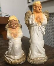 Vintage Christmas Nativity Angel Pair Standing and Kneeling White Gold Chalkware picture