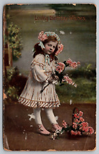 Postcard Loving Birthday Wishes Adorable Little Girl With Flowers VTG c1910  I1 picture