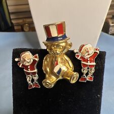 Vintage Patriotic Red White & Blue Flag Teddy Bear Lapel Pin And Santa Earrings picture