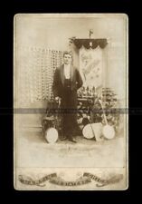 RARE 1890s Photo of ID'd Banjo / Music Instrument Seller with Advertising Banner picture