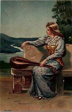 c1915 LADY WITH MANDOLIN BY SEASHORE UNPOSTED POSTCARD 20-251 picture