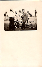 C. 1910 RPPC 3 Men Country Club Tennis Racket Bicycle Photograph Postcard  picture