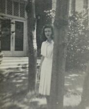 Pretty Woman Looking From Behind Tree B&W Photograph 3.25 x 4.5 picture