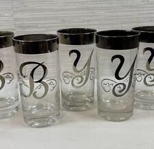 Silver rim drinking glasses lot of 7 monogram B & Y highball MCM barware luster picture