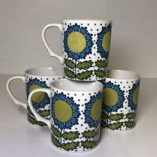 Vintage 70s Sunflower Coffee Mugs Blue & Green Retro Made In Japan Set Of 4 Cups picture