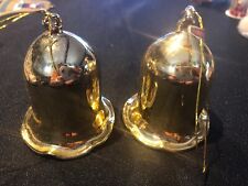 Two Vintage Plastic Taiwan Gold Bell Christmas Tree Ornaments Decorations picture