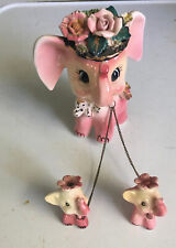 Vintage Ceramic Fairyland Import Pink Elephant Mother & Babies on Chains picture
