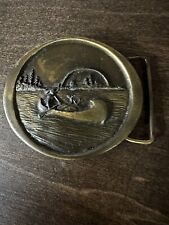 1976 Vintage Indiana Metal Craft Brass Belt Buckle Native American Indian Canoe picture