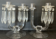 PAIR GLASS CANDELABRA CANDLESTICK HOLDERS W/BOBECHES AND PRISMS VINTAGE BAROQUE picture