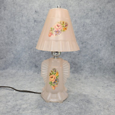Vtg. Leviton Pink Frosted Floral Print Glass Lamp Table Bedroom Lamp 12.5