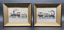 VTG Petit-point Hand-Stitched Railroad Steam Engine Train & Framed Set of 2 EUC picture