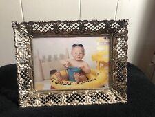 Vintage Gold/White Filigree ORNATE Metal 5 x 7 Picture Frame EASEL/HANG picture