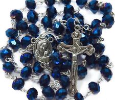 Deep Blue Crystal Beads Rosary Catholic Necklace Holy Soil Medal Cross Crucifix picture