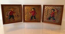 3pc Vitg 1940-50s~JAPANESE~ASIAN~WALL PANELS~HAMMERED COPPER RELIEF METAL~FRAMED picture