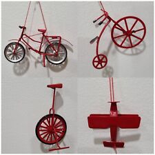 Red Metal Bicycle Tricycle & Unicycle Vintage Lot of 4 Christmas Ornaments  picture