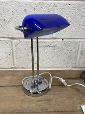Vintage Chrome Bankers Lamp With Blue Glass Shade picture