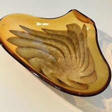 Mid Century Modern Amber Art Glass Dish w/ feather inlay triangular Sparkles picture