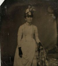 C.1880/90s Tintype. Beautiful Woman Portrait. White Dress Hat. Fingerless Gloves picture