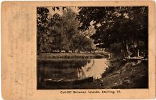 STERLING, IL - Cut-Off Between Islands Boat on Shore Illinois UDB Postcard 1908 picture