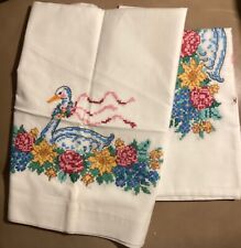 Vintage Hand Embroidered White Pillowcases Slips Cross Stitch Geese & Flowers picture