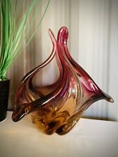 VTG Stunning Murano MCM Art Glass Bowl Amber Cranberry Pink 3 Point Trillium picture