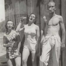 Vintage Snapshot Doube Exposure Photo 1940s Muscular Man Women Swimsuit Drinking picture