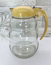 Vintage Beehive Dripcut Glass Syrup Pitcher Yellow Top with Stainless Closure picture