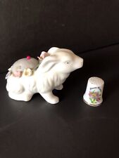 VTG Porcelain Rabbit With Flowers Hat Pin Cushion Ardco & Prairie Crocus Thimble picture
