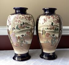 Pair of Vintage/Antique Japanese Cobalt Porcelain Satsuma Vases, 12 3/4
